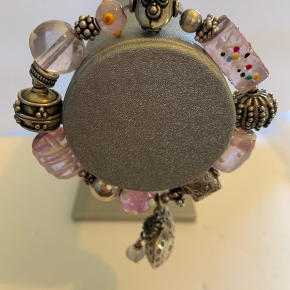 Glasswick Pink/Silver tone stretch bracelet. With heart dangle. OS, Handmade - Picture 1 of 9